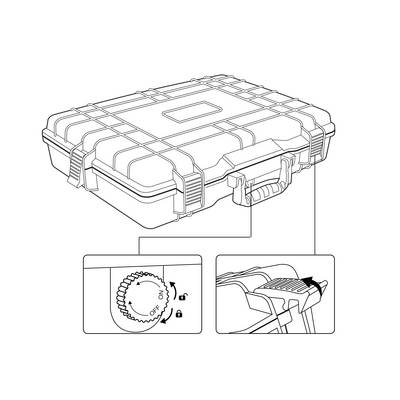 An image depicts a closed transport case with a handle. An inset shows details of a rotary lock with instructions for opening.