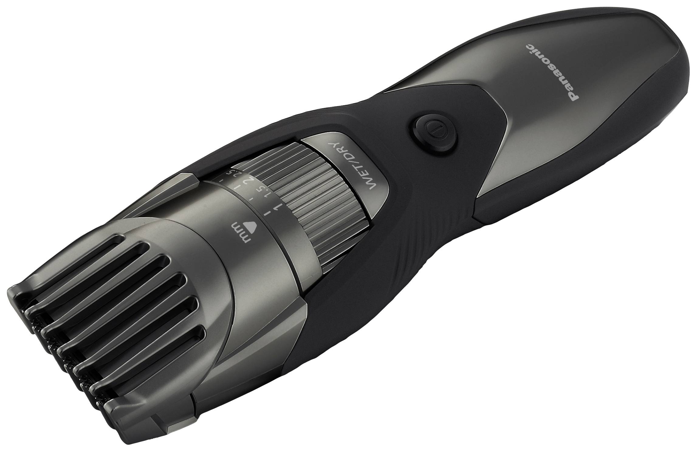 Electric hair clipper in black and silver with adjustable comb attachment and on/off switch.