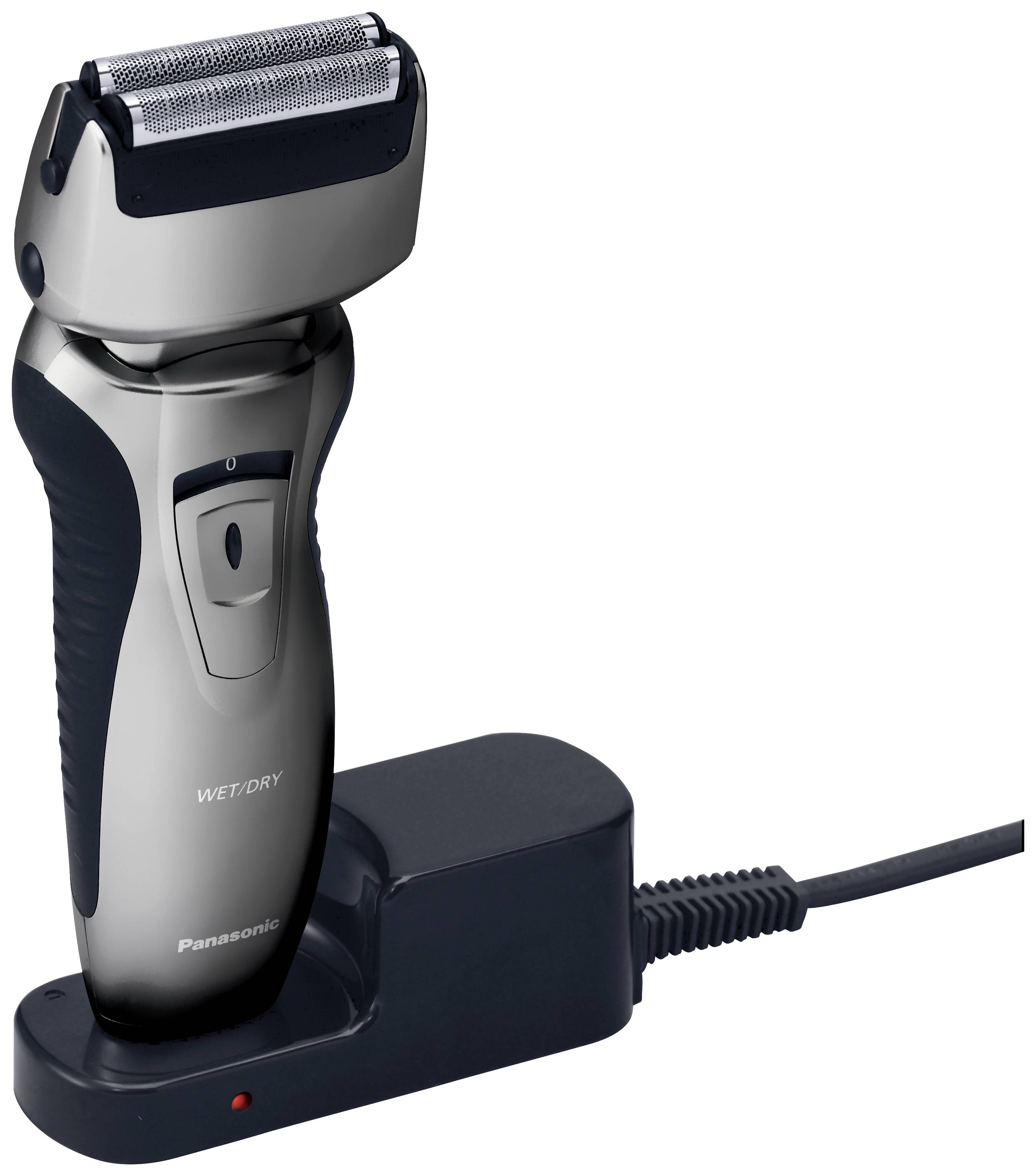 Electric shaver by Panasonic in charging station, silver-black, with wet/dry functionality.