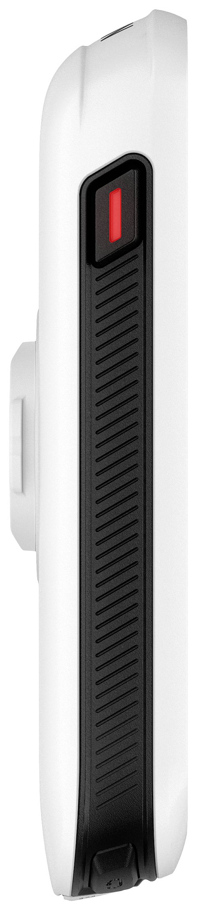 Side view of a white electronic device with a black and red button.