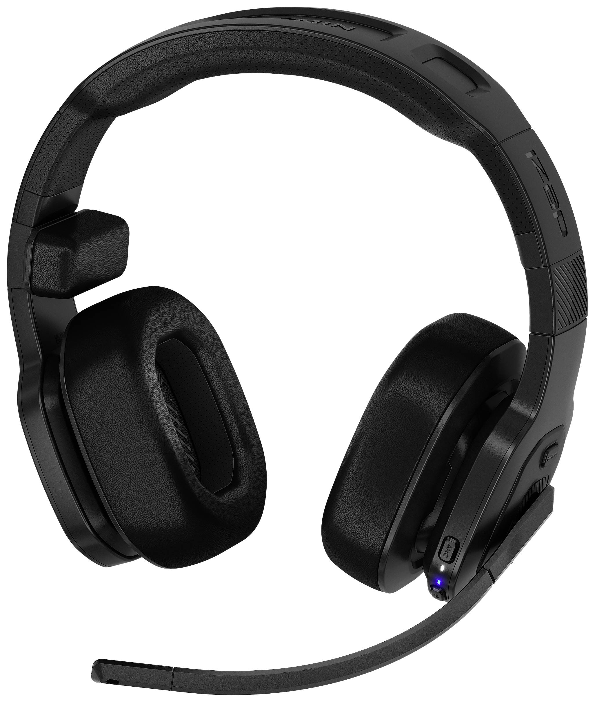 Black wireless gaming headset with padded headband and microphone arm, suitable for comfortable extended wear during gaming.