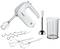 A white hand mixer with accessories: whisk, dough hook, blender attachment and measuring jug. Suitable for whisking, kneading and mixing.