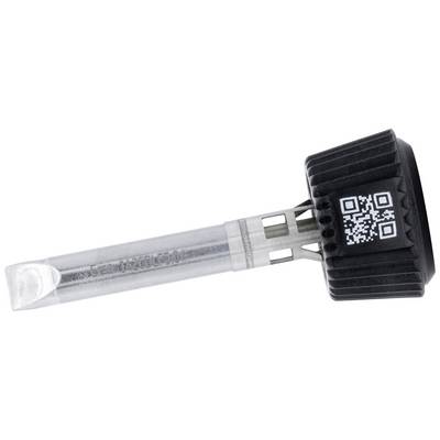 A black cap with an integrated QR code is attached to a glass vial. The vial has a transparent outer casing.