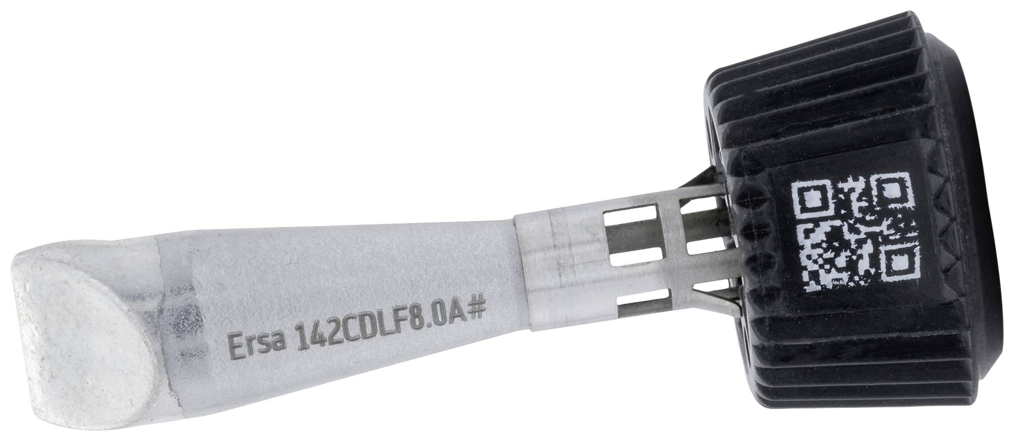 A soldering iron tip with the label 'Ersa 1.42CDLF8.0A#', black and metallic, next to a QR code. Suitable for precise soldering work.