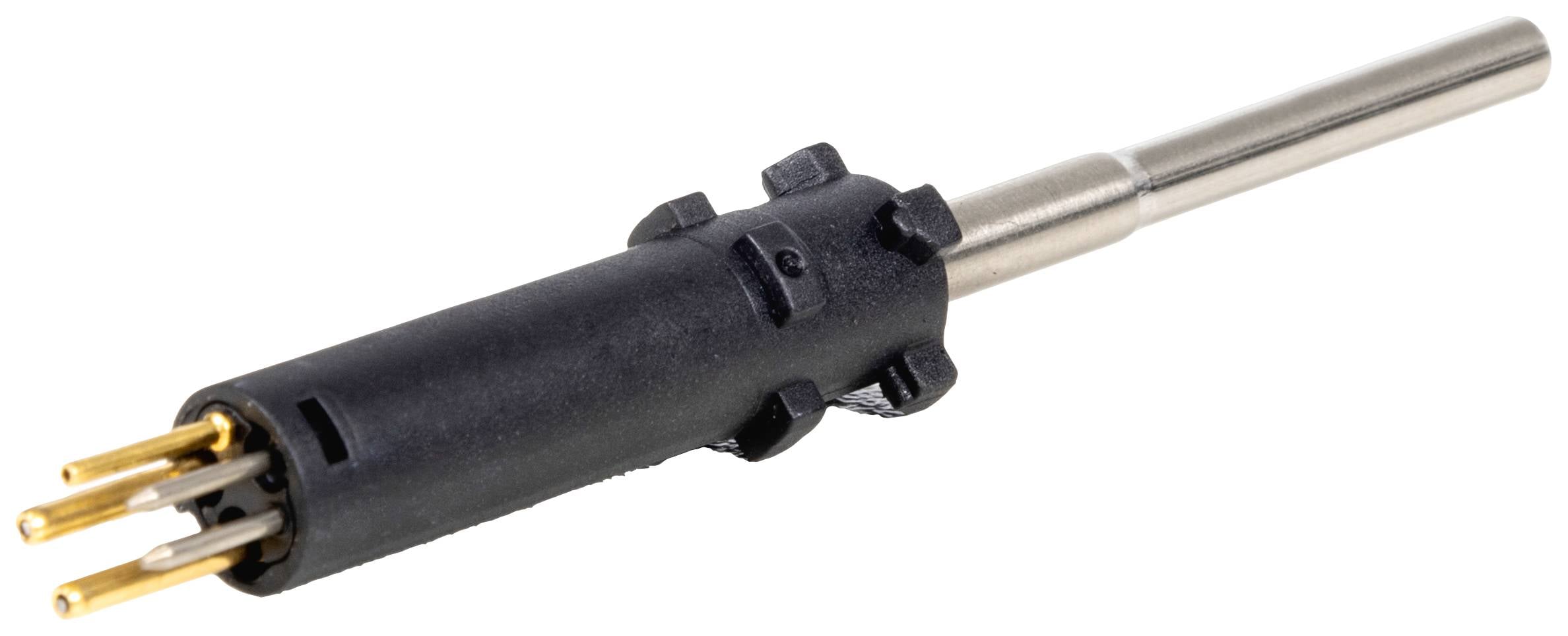 A metal pin with a black plastic handle shows four golden contact points. It is an electrical connector or plug component.
