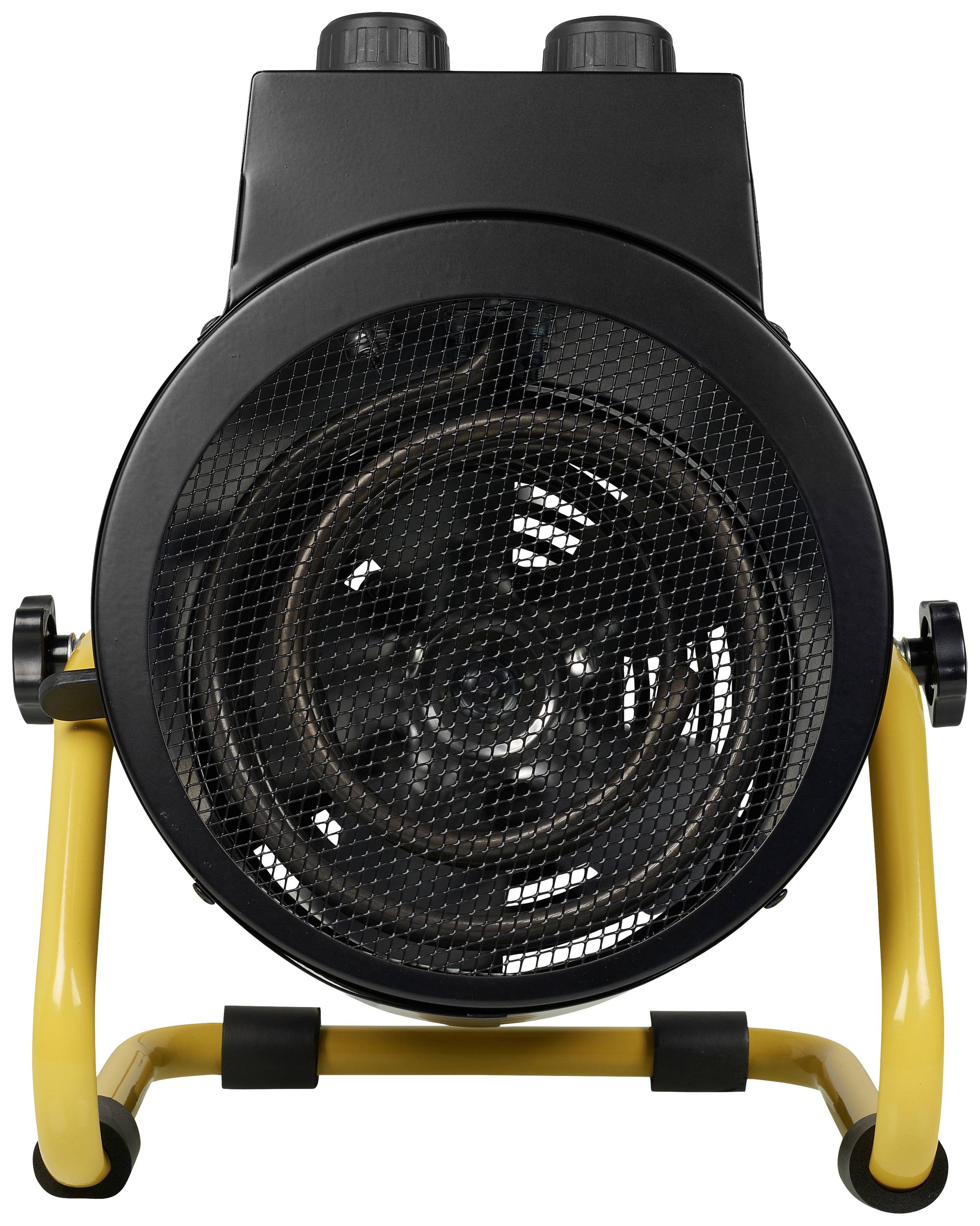 Black electric fan heater with yellow frame, pictured from the front. Device is suitable for indoor use.