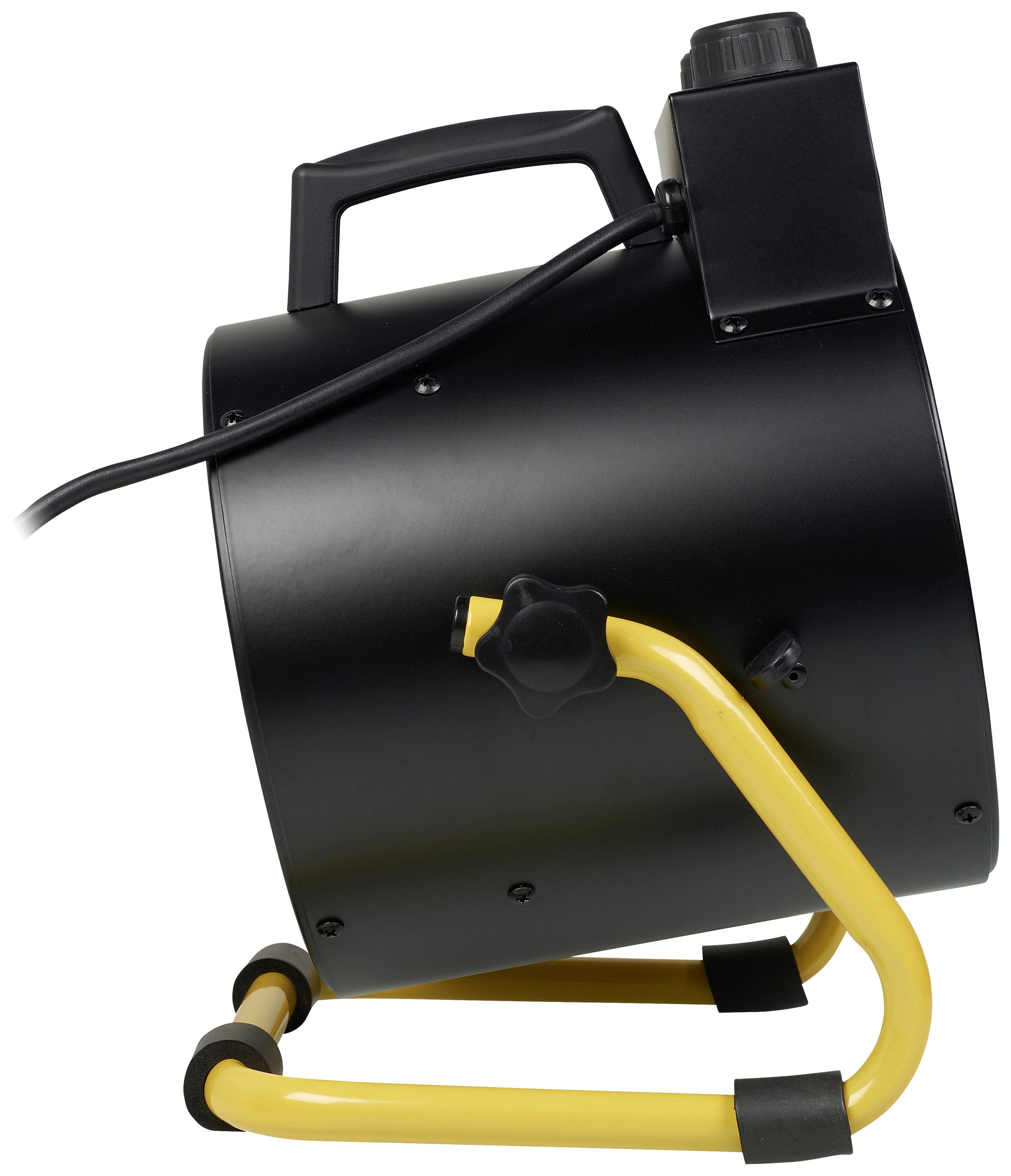 Black, cylindrical electric fan heater with yellow base, side view. Ideal for heating small rooms.