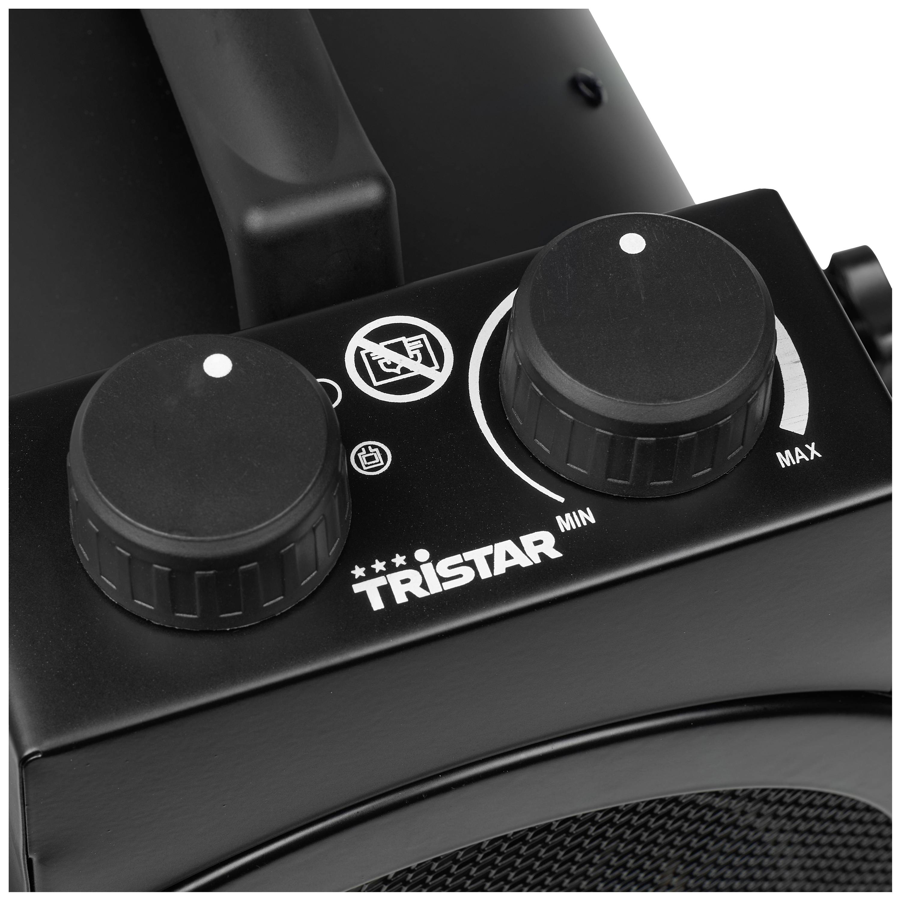 Black Tristar device with two rotary knobs. The left knob adjusts from 'Min' to 'Max'. A notice prohibits use with symbol.