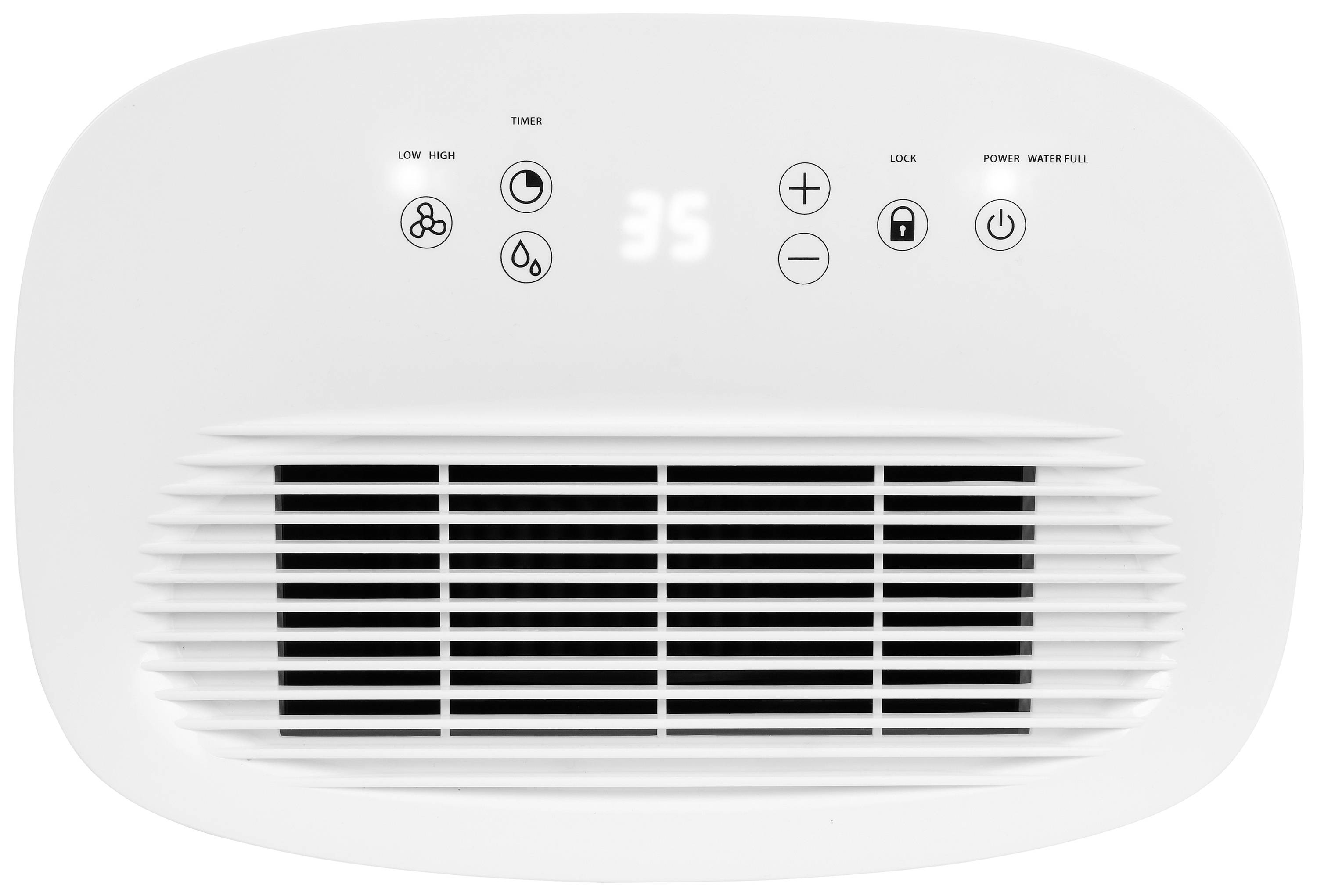 White control panel of a dehumidifier with display reading '35', buttons for speed and modes, ventilation grille at the bottom.