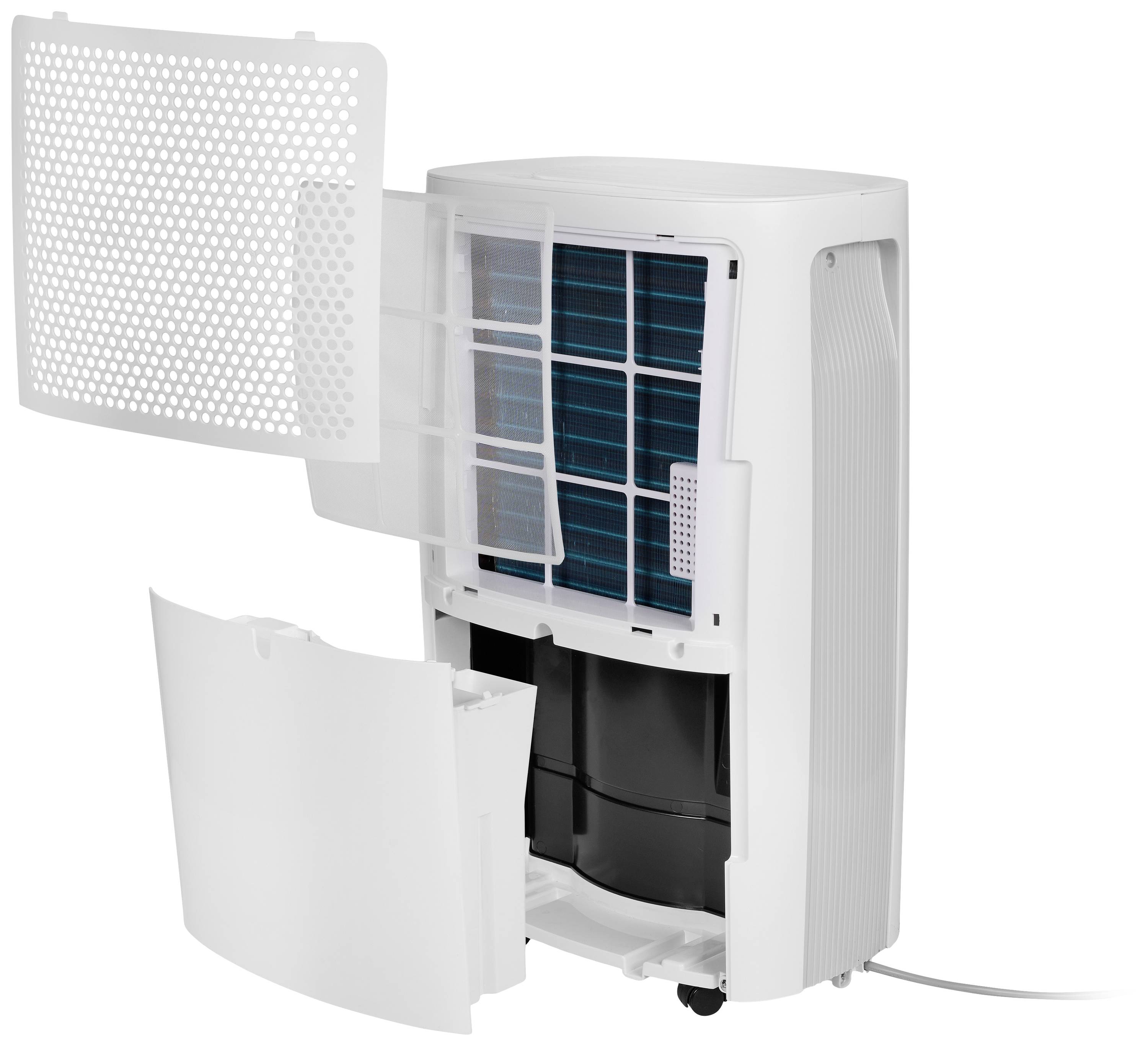 Dehumidifier with open flap showing internal filters and water tank. Device is mounted on castors and plugged into electrical socket.