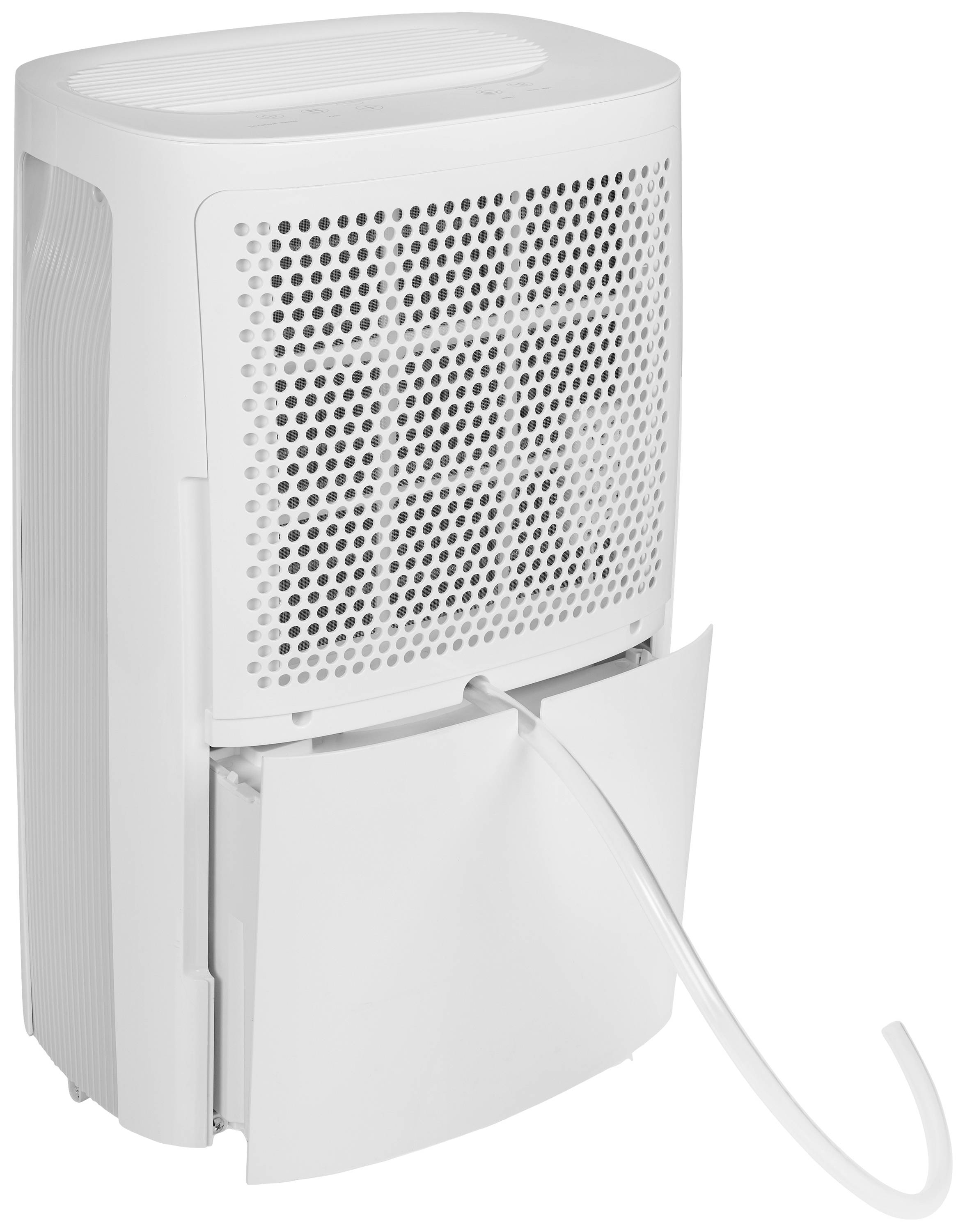 A white dehumidifier with an open water tank compartment and an extended drainage hose.