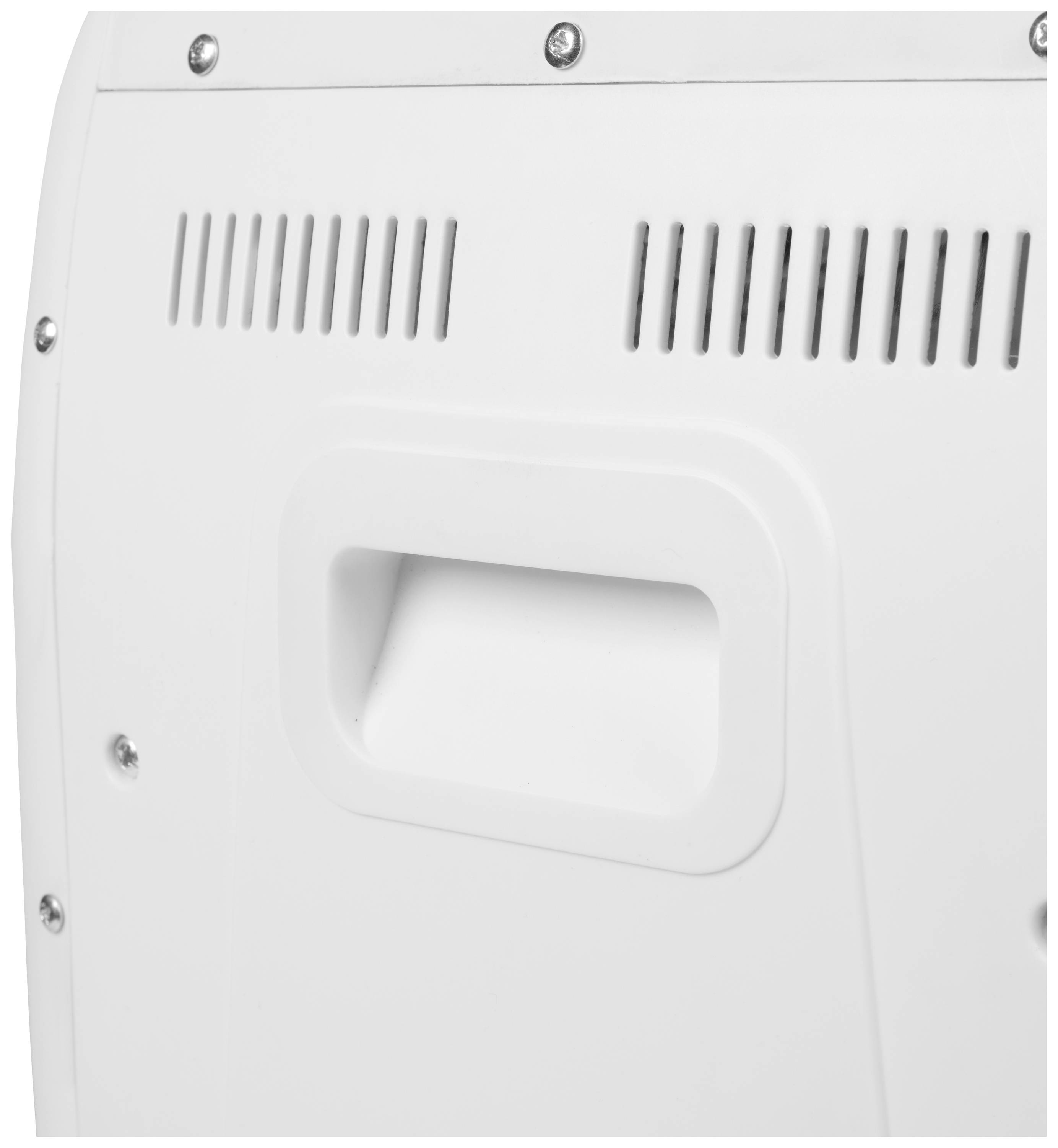 Image of a white plastic surface with a rectangular handle and ventilation slots, secured with screws.