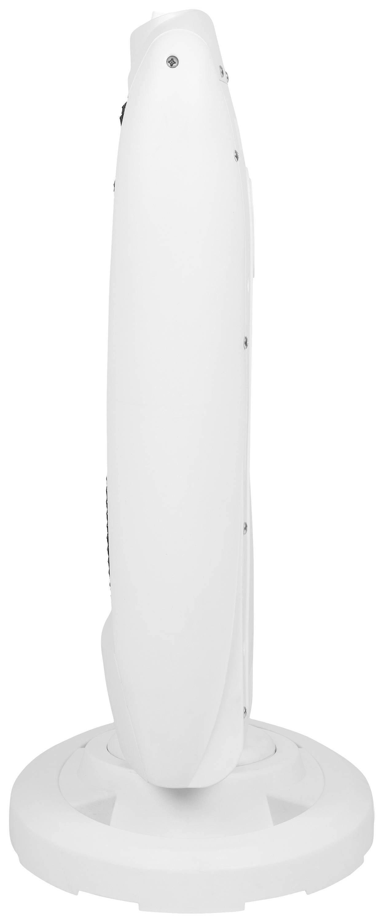 A white, slender device stands vertically on a round base, side view visible.