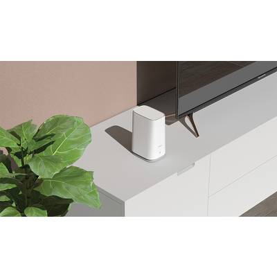 A white Wi-Fi router is standing on a white cabinet next to a television. A green plant is visible to the left.