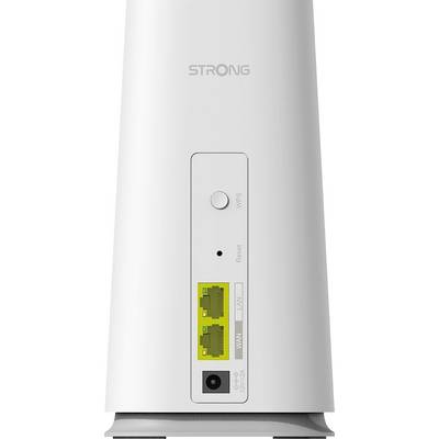 Back of a white Wi-Fi router with two yellow Ethernet ports, a power connection, WPS button, and reset button.