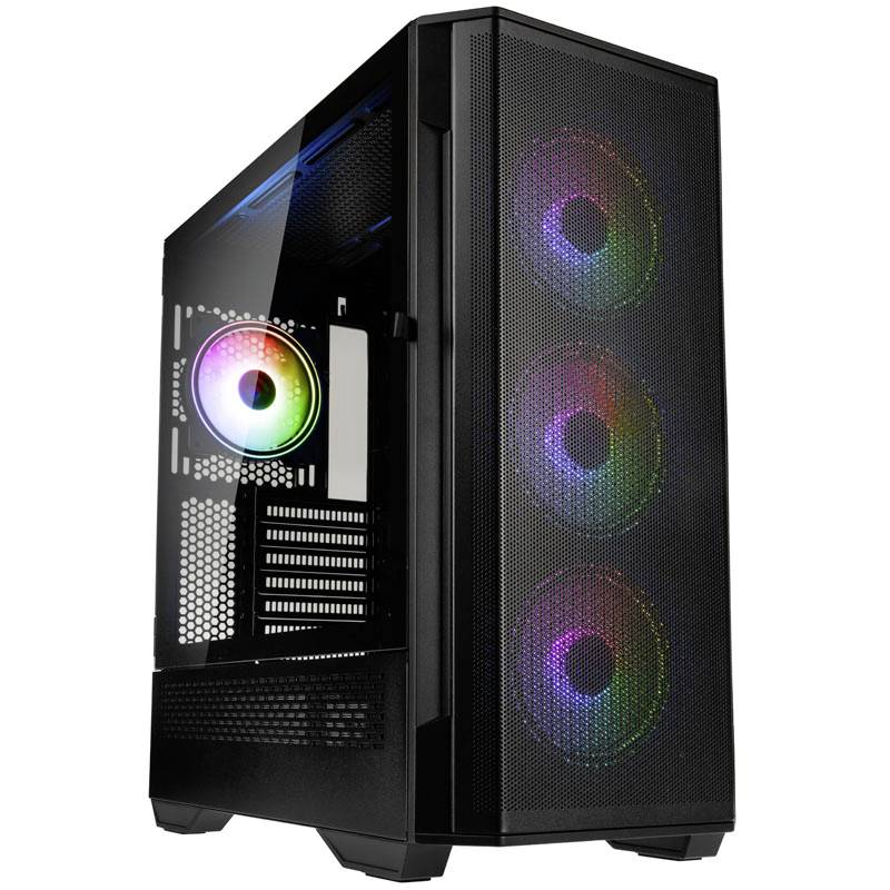 Black gaming PC case with glass side panel, showing illuminated RGB fans at the front and rear, emphasising performance and style.