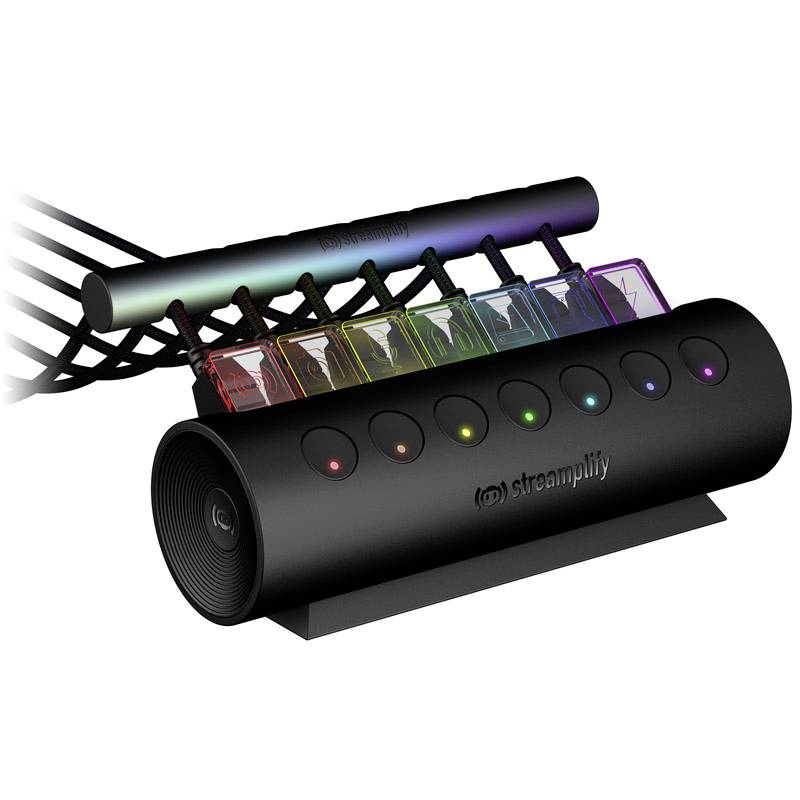 A microphone amplifier with seven illuminated buttons, each labelled with symbols representing different functions.