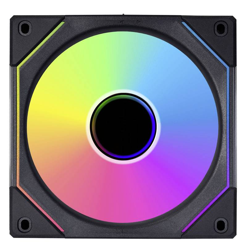 A square fan with rainbow LEDs displays all colours of the spectrum and has a black circle in its centre.