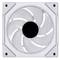 A square computer fan with eight white rotor blades, surrounded by a white frame and a black circle in the centre.