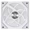 A white square fan with five curved rotor blades and a metal central axis, shown from the front.