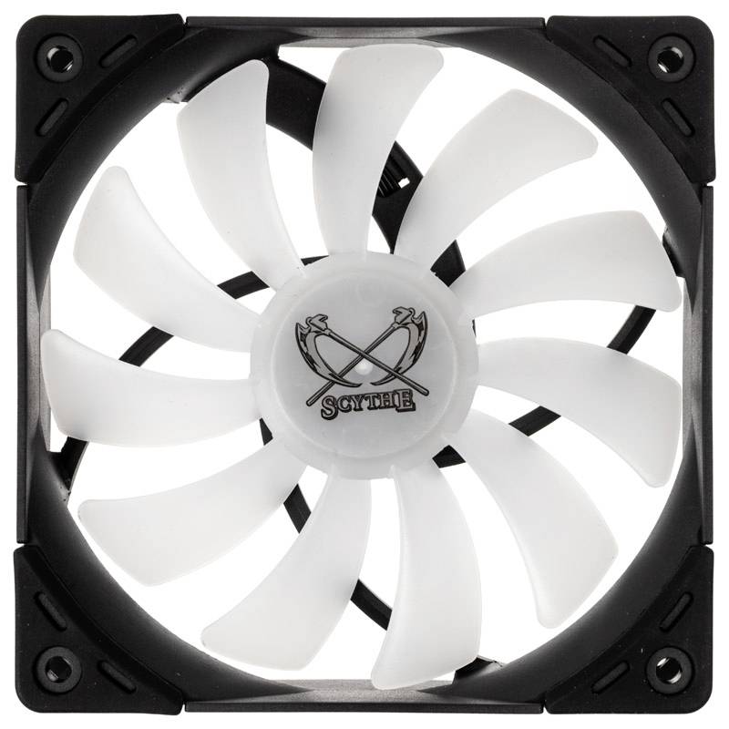 A white computer fan with a black frame and twelve rotor blades, with the manufacturer's logo in the centre.