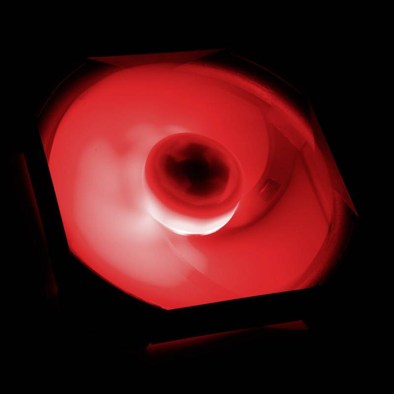 A red-illuminated fan that glows in the dark. The fan has round blades centred in the middle.