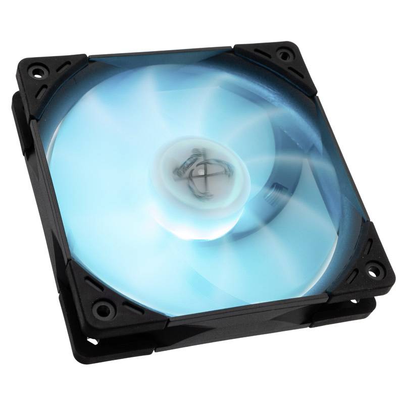 A blue-illuminated computer fan in a black frame. Ideal for PC cooling and visual accents.