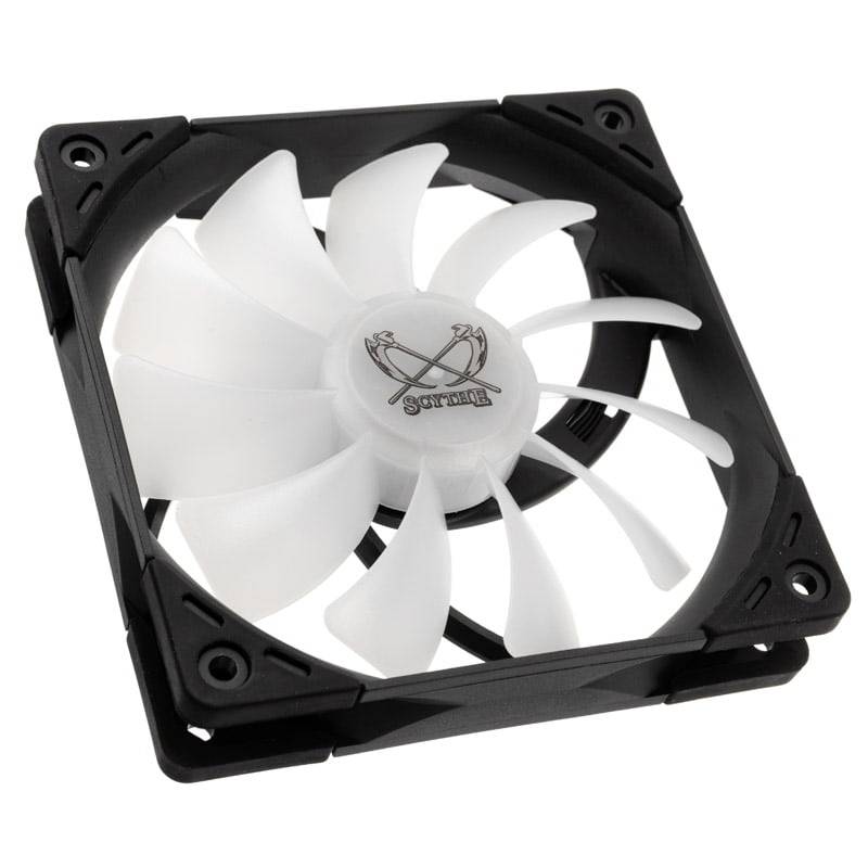 A square computer fan with a black frame and white rotor blades, suitable for cooling PC components.