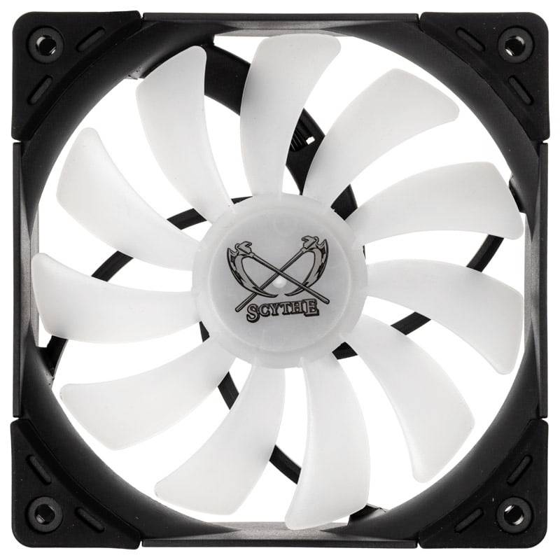 A white computer fan with ten rotor blades, mounted in a black frame. A company logo is visible in the centre.
