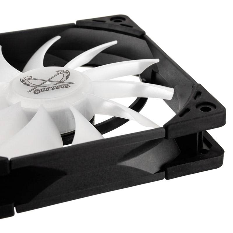 A black computer fan with white rotor blades, with the 'Scythe' brand logo in the centre, is used for cooling computer cases.