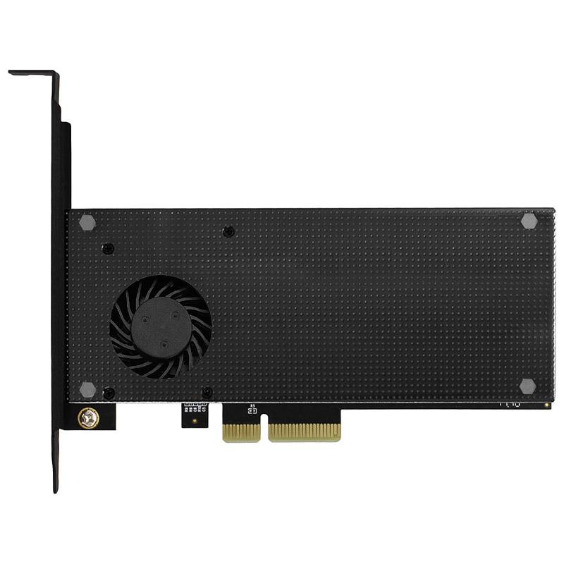 A black computer expansion card with a fan and PCIe connector, displayed on a white background surface.