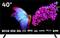 A 40-inch TV display shows a vivid butterfly on pink flowers, with features listed below: DVB, CI+, LED backlight, Full HD, HDMI, Dolby Audio, USB.