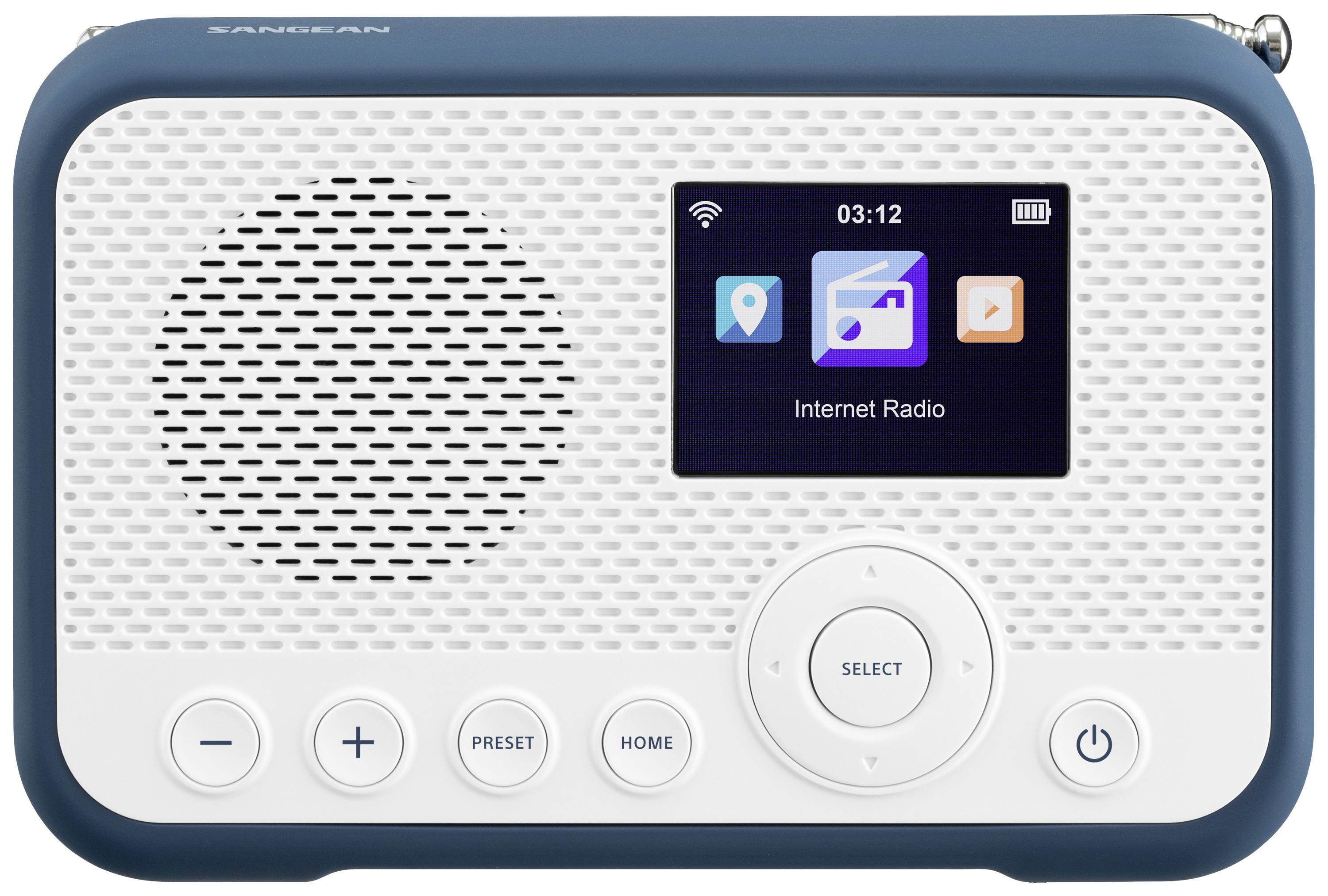 A blue and white portable internet radio with a screen displaying symbols. It features buttons for settings and operation.