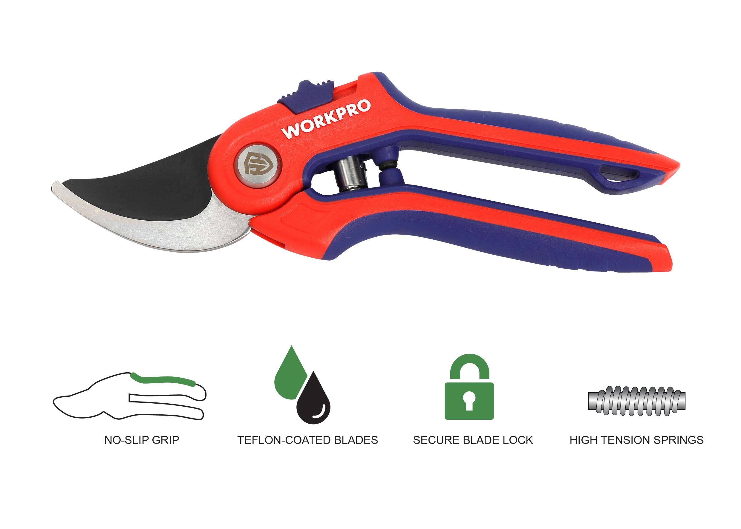 Garden secateurs by WorkPro with non-slip handle, Teflon-coated blades, secure blade lock, and strong springs.