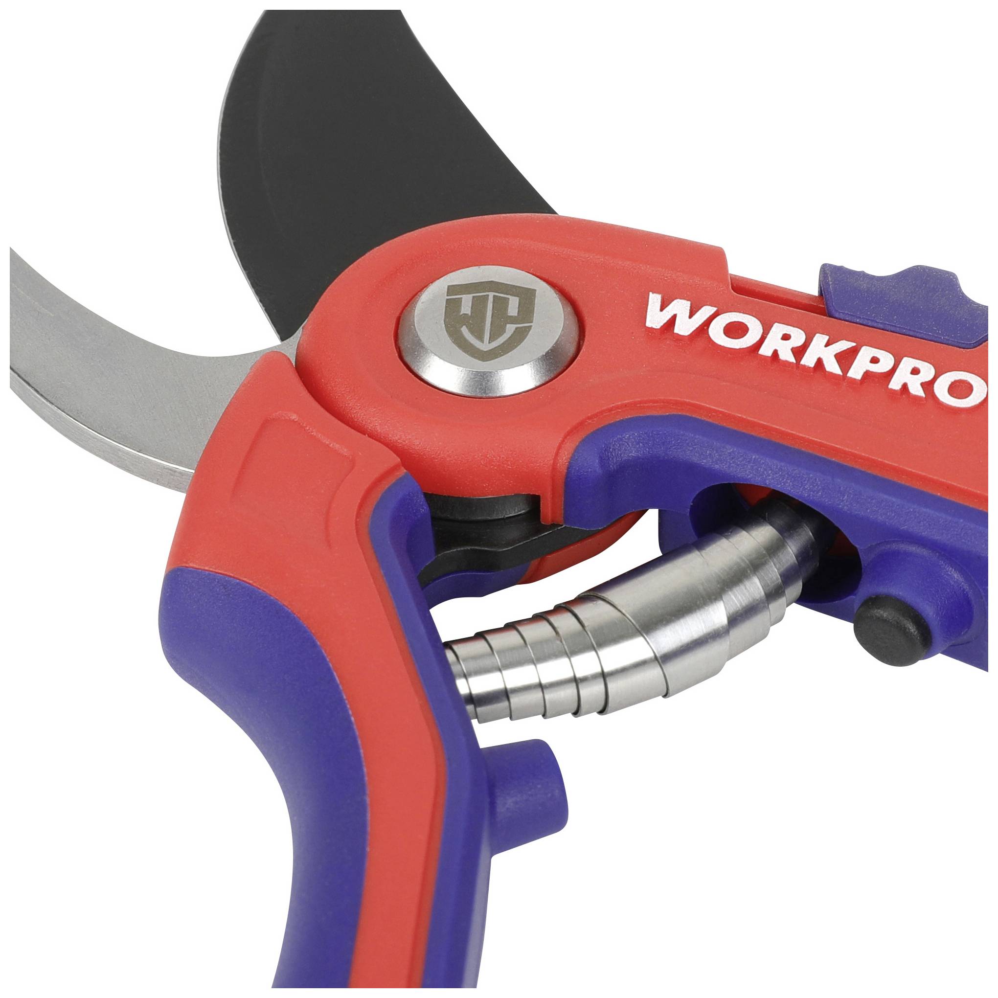 Close-up of a red and blue garden secateurs by the brand 'Workpro'. It shows a spring on the blade and a logo above the pivot point.