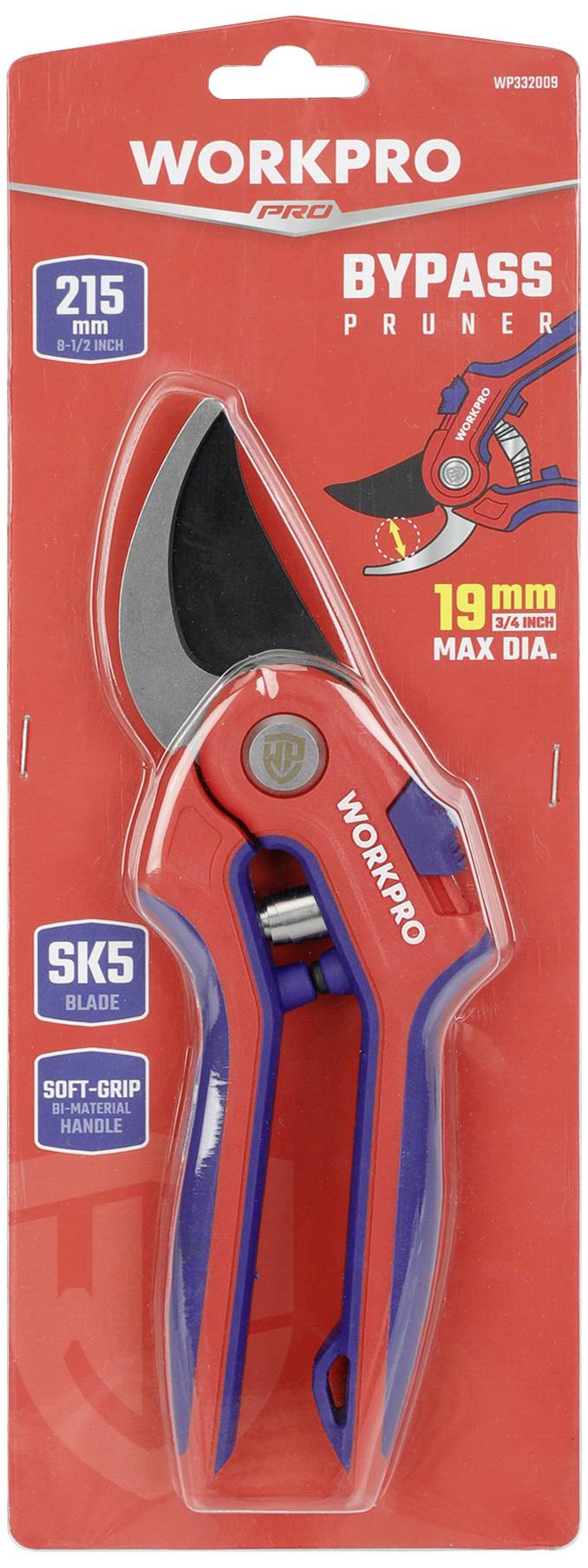Packaging for a bypass garden secateurs with red and blue handle, blade information 'SK5', maximum cutting diameter 19 mm, brand 'WORKPRO'.