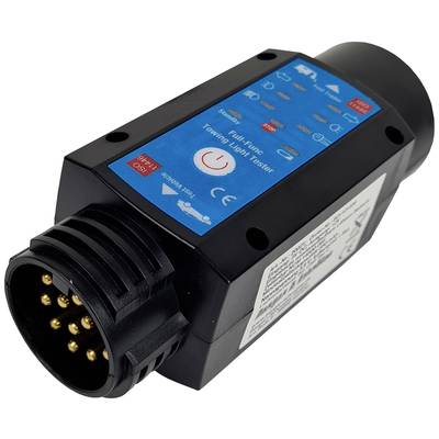 A black test device with a blue front panel and multiple connection pins is used for checking trailer lights.