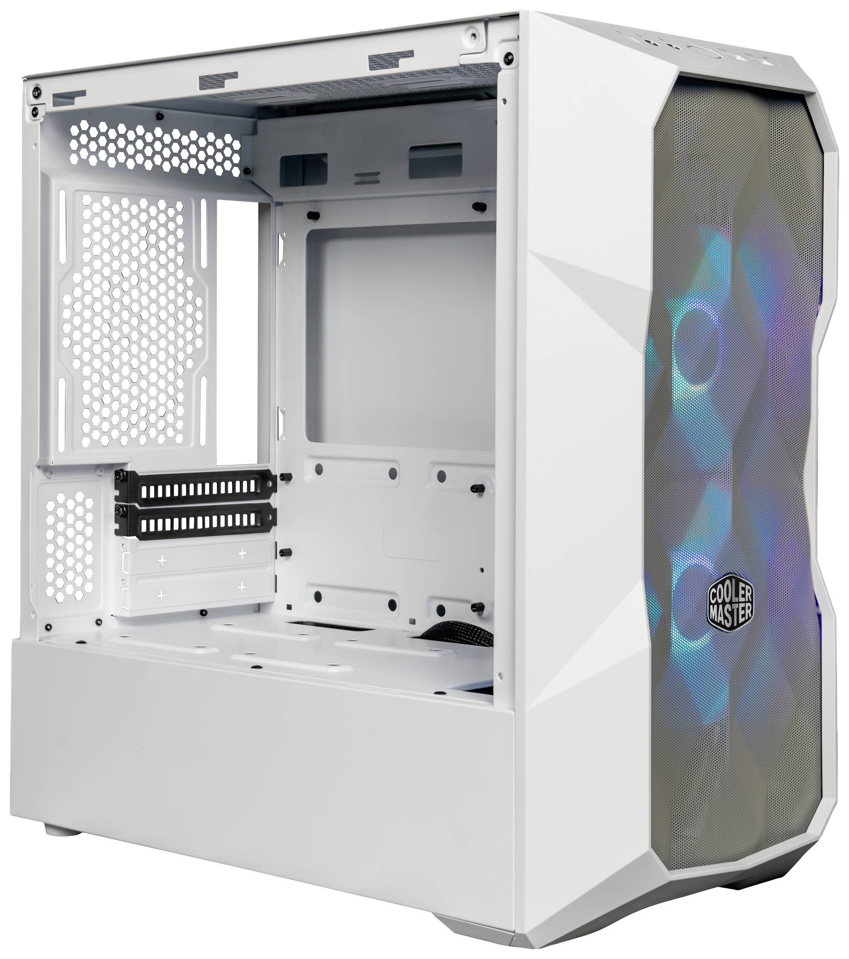 A white, empty PC case with a mesh front panel and RGB-illuminated fans. Suitable for assembling a computer.