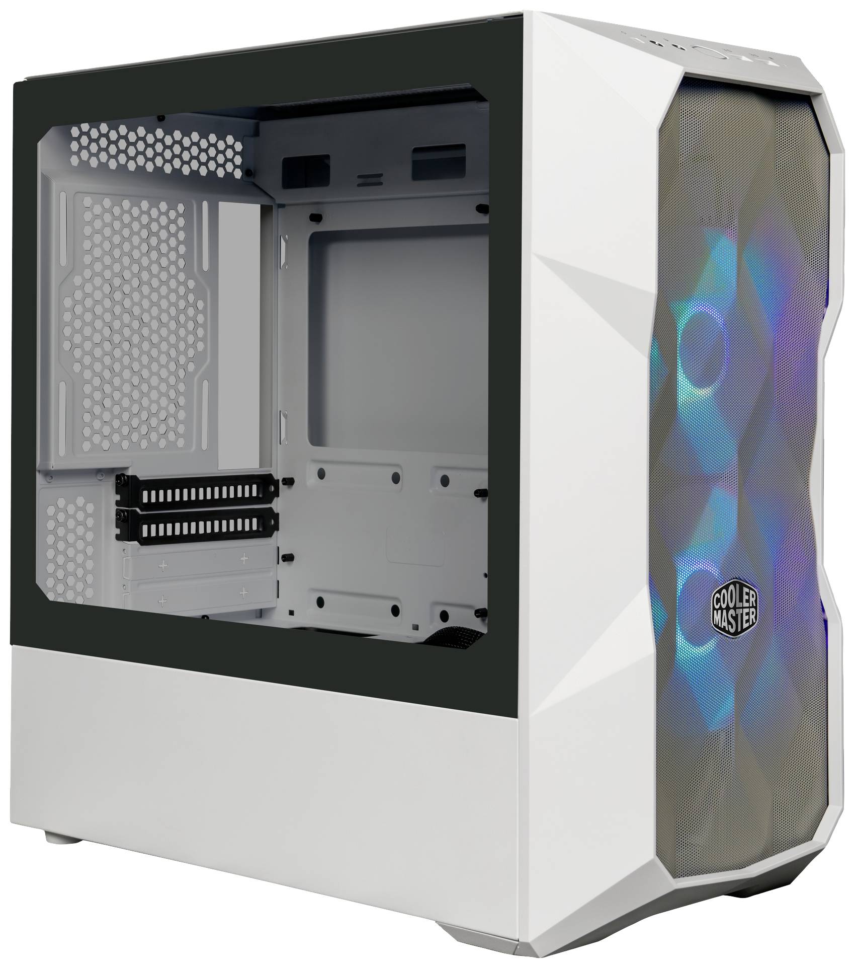 A white PC case with a side viewing window and a front fan with RGB lighting. Case is empty and suitable for desktop computers.