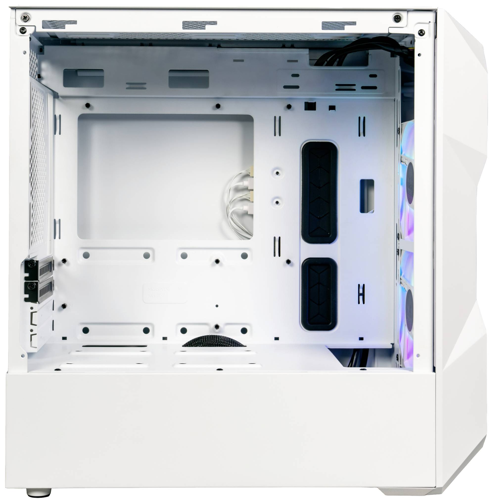 A blank, white computer tower case with a transparent side panel, open for internal component installation. LED lighting visible.