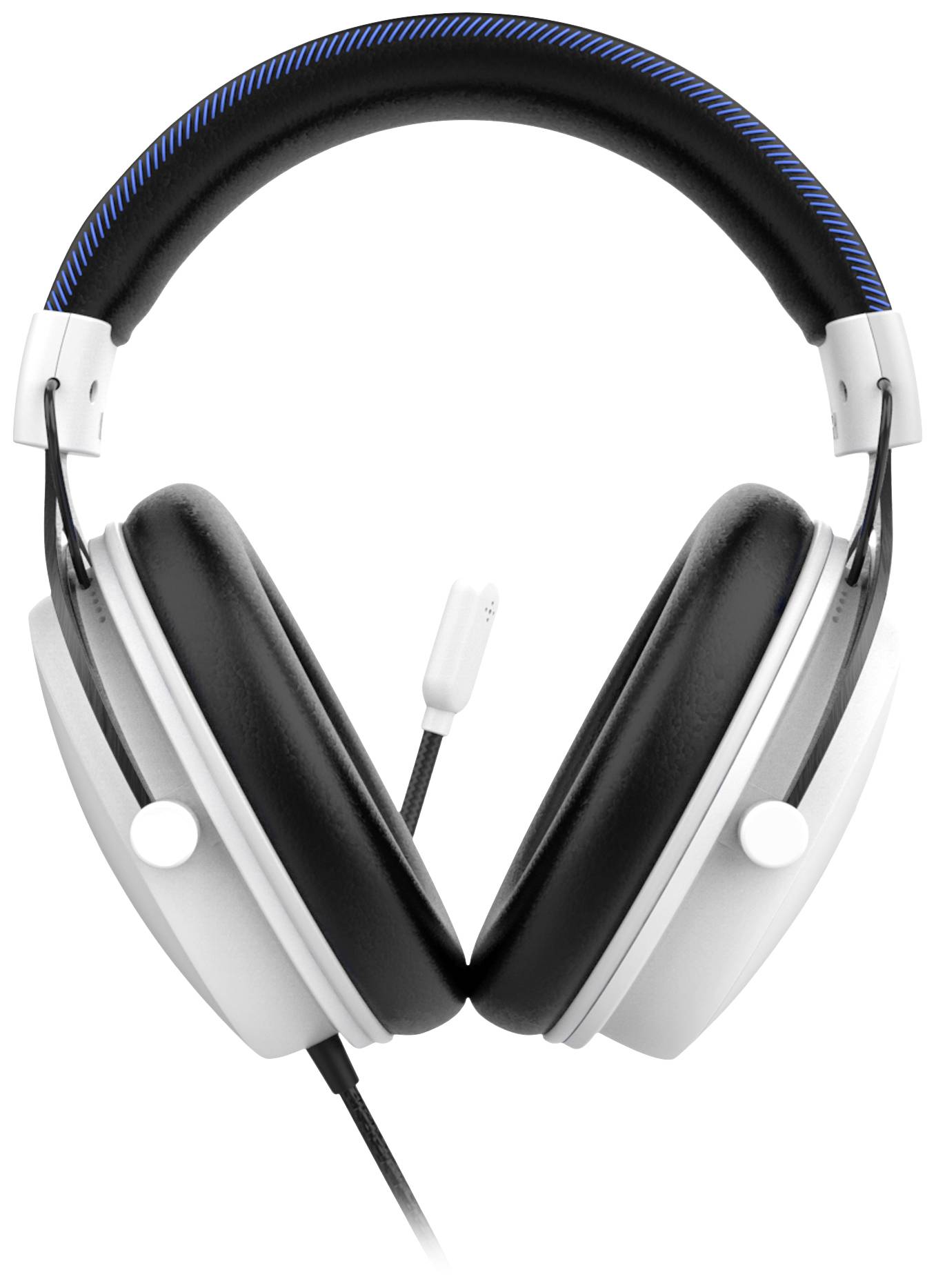 Headphones with a black and blue padded headband, white frame, and black ear cup.