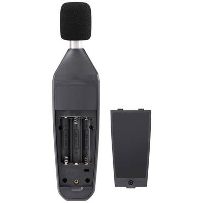 Sound level meter with removed battery compartment cover, showing two empty AA battery compartments. Upper part with microphone.