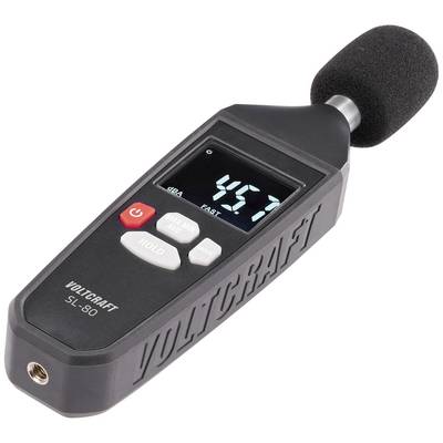 Sound level meter displays a measured value of 45.7 dB. Device has buttons for On/Off and Hold function.