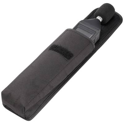 A black device with a foam attachment, housed in a black case, possibly a measuring instrument or microphone accessory.