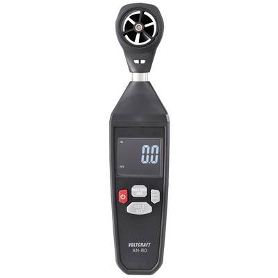 A digital anemometer with display shows a reading of 0.0. It has buttons for On/Off, Max/Min, and Hold/Set.