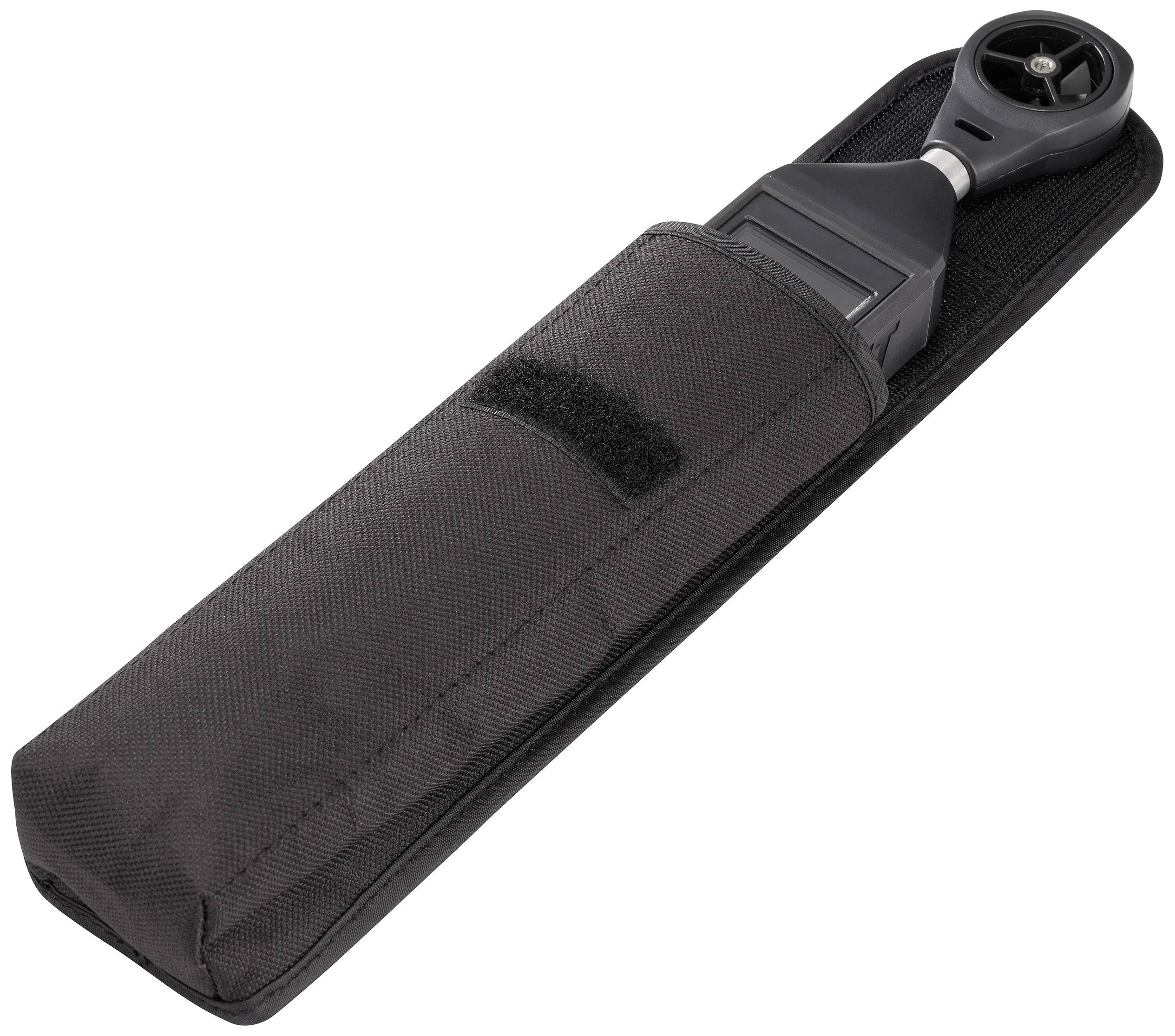 A digital anemometer with a protective cover. It has a small propeller for measuring wind speed.