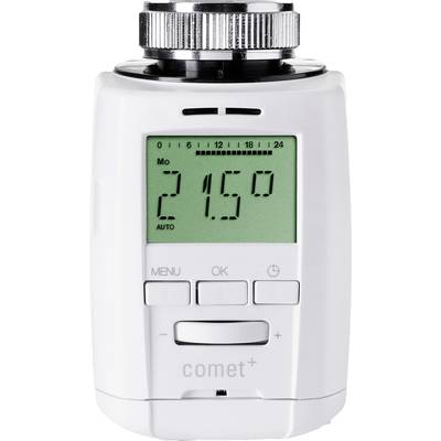 Electronic radiator thermostat with digital display showing 21.5 degrees Celsius. Buttons for menu, OK and settings changes.