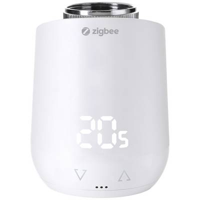A white Zigbee device with a digital display showing '20s' on the front. It has 'V' and arrow symbols underneath.