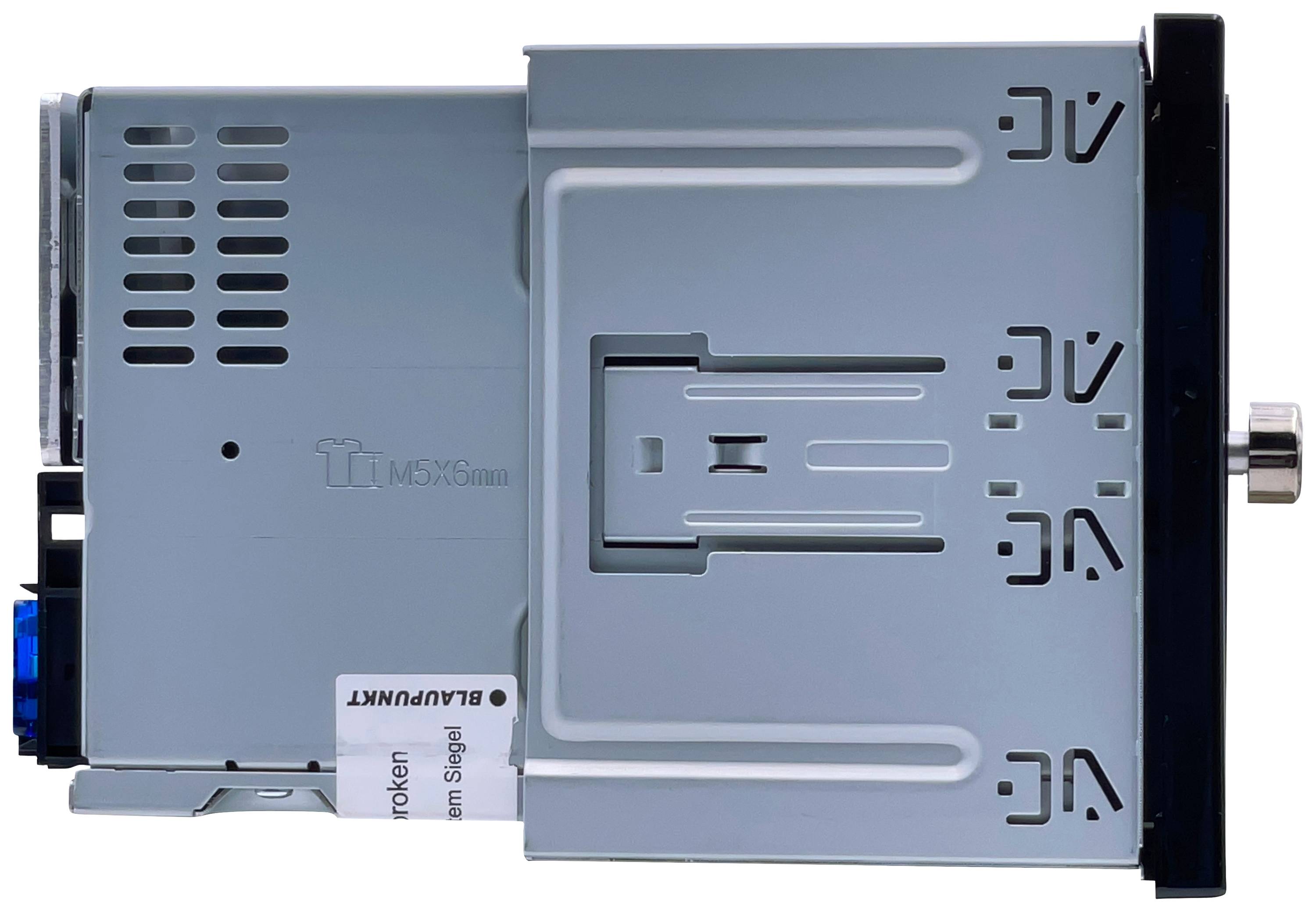 Metal mounting bracket with 'DC' lettering and company logo. Safety sticker bearing the inscription 'Blaupunkt'.