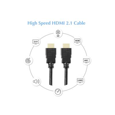 High-speed HDMI 2.1 cable with features such as 3D, HDR, 21:9, HEC, UHD. Two black plugs, surrounded by functional symbols.